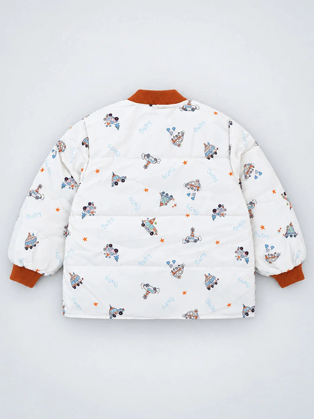 Ivory & Brown Plane Quilted Bomber Winter Jacket for Kids