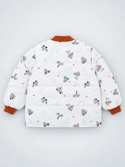 Ivory & Brown Plane Quilted Bomber Winter Jacket for Kids