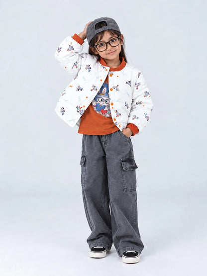 Ivory & Brown Plane Quilted Bomber Winter Jacket for Kids