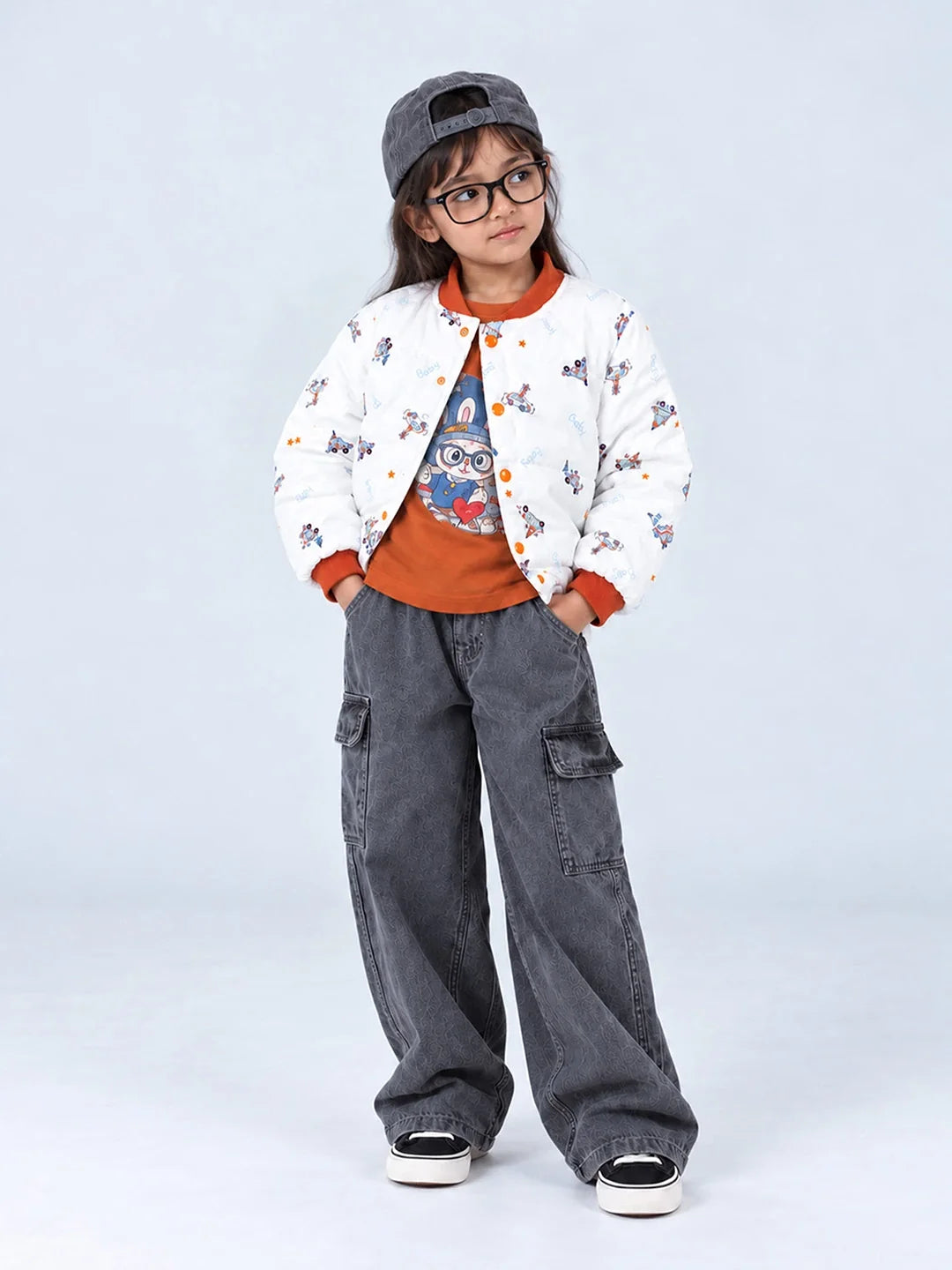 Ivory & Brown Plane Quilted Bomber Winter Jacket for Kids