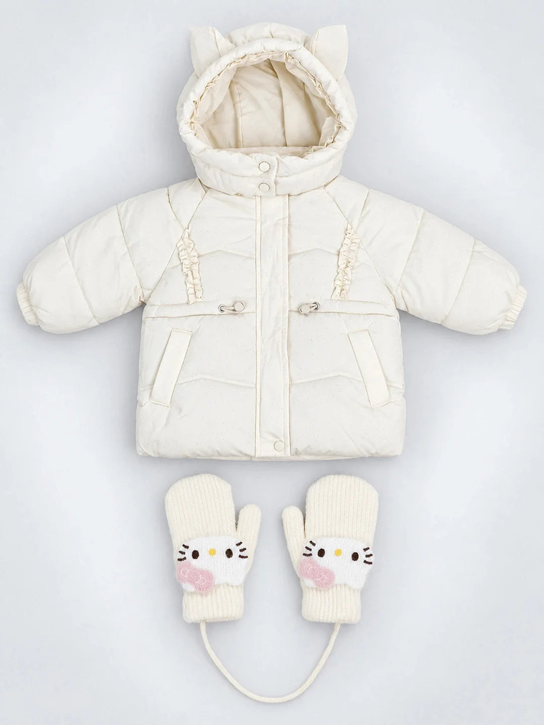 Ivory Cat Glitter Quilted Hooded Winter Jacket with Mittens for Kids