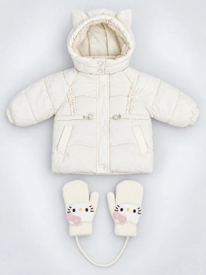 Ivory Cat Glitter Quilted Hooded Winter Jacket with Mittens for Kids