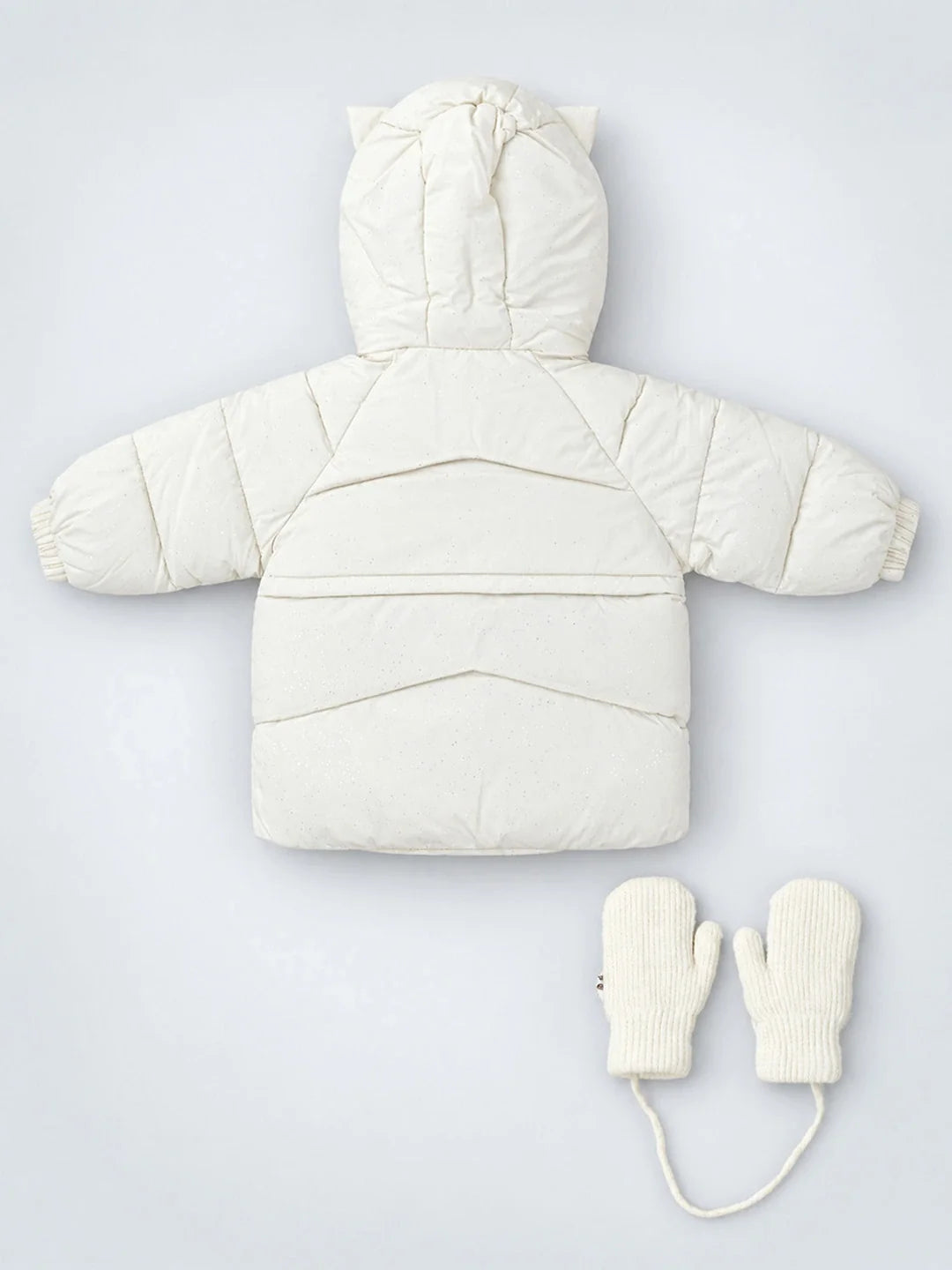 Ivory Cat Glitter Quilted Hooded Winter Jacket with Mittens for Kids