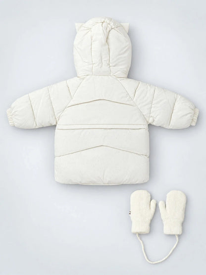 Ivory Cat Glitter Quilted Hooded Winter Jacket with Mittens for Kids