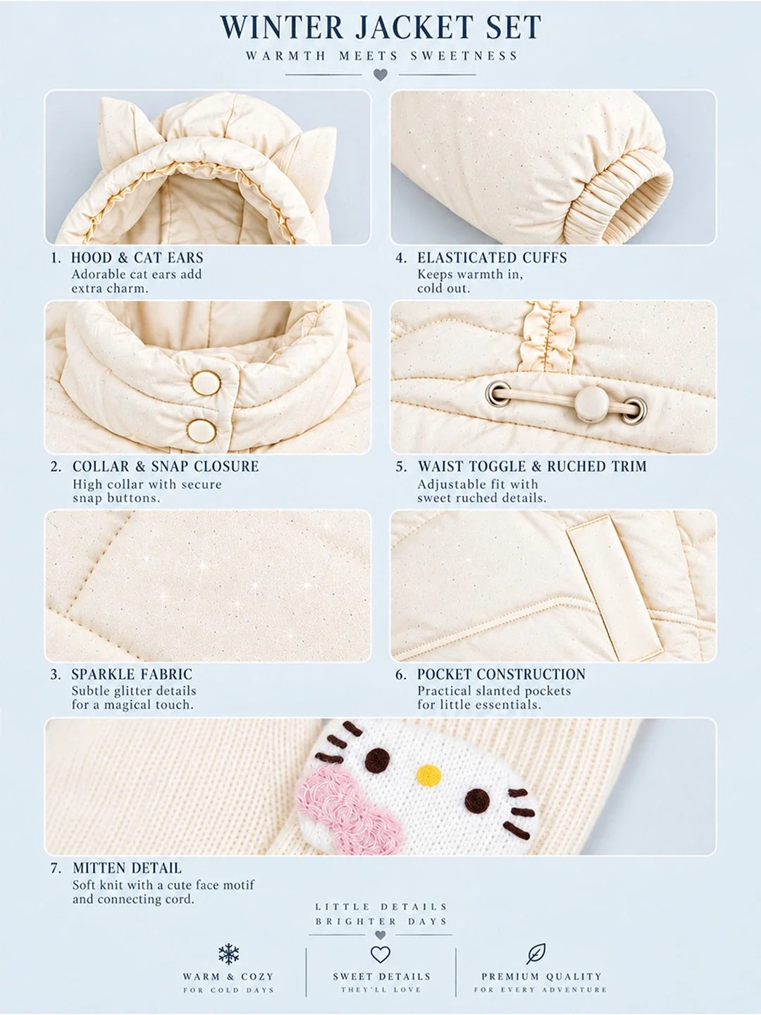 Ivory Cat Glitter Quilted Hooded Winter Jacket with Mittens for Kids