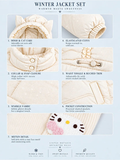 Ivory Cat Glitter Quilted Hooded Winter Jacket with Mittens for Kids