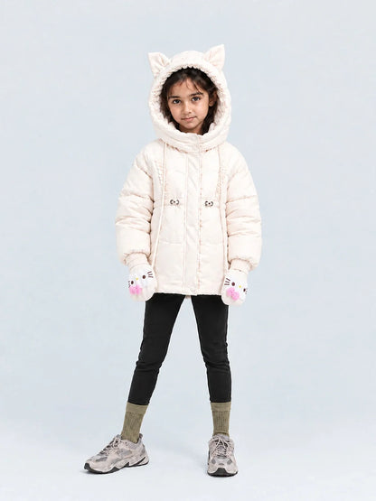 Ivory Cat Glitter Quilted Hooded Winter Jacket with Mittens for Kids