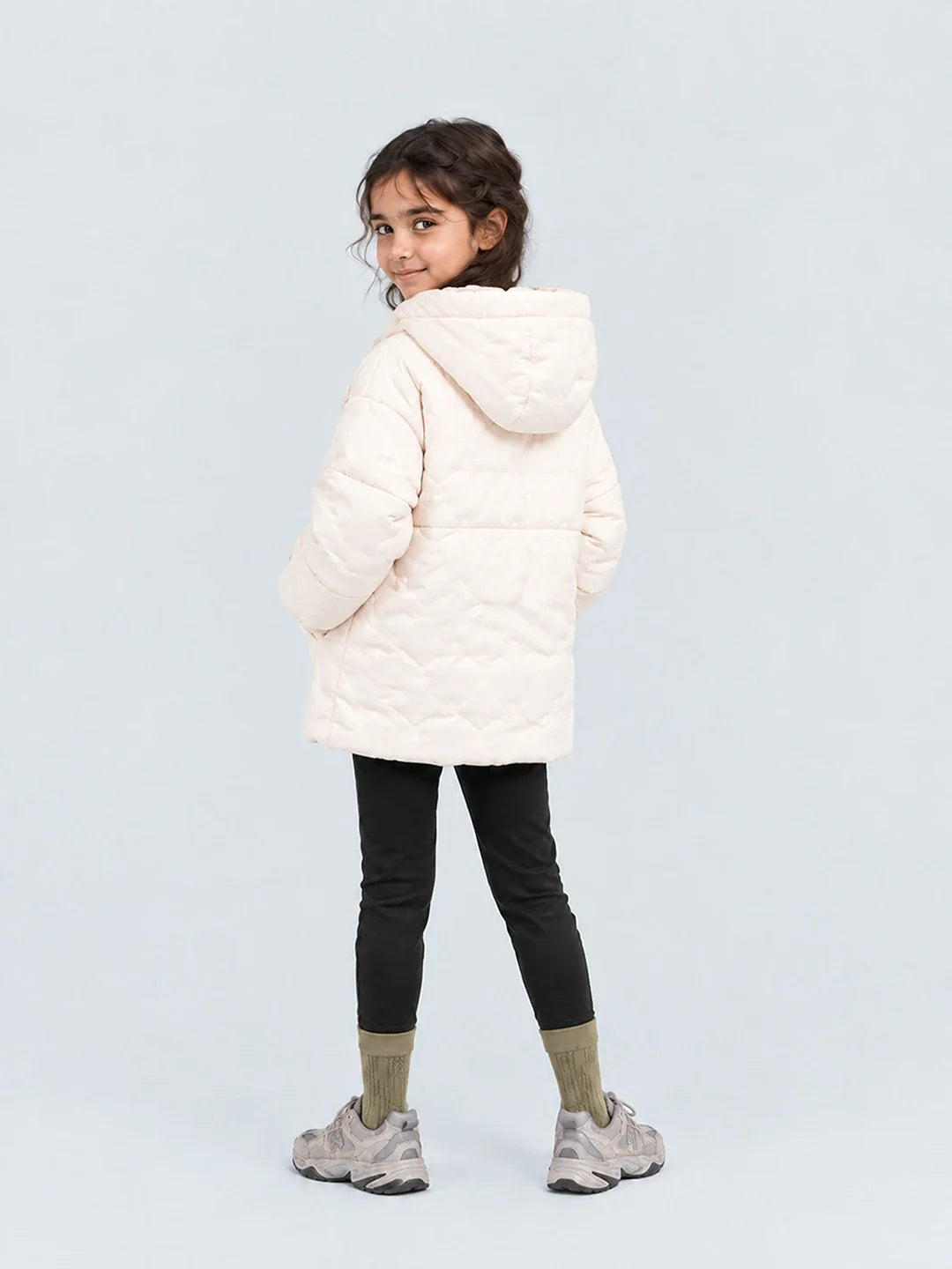 Ivory Cat Glitter Quilted Hooded Winter Jacket with Mittens for Kids