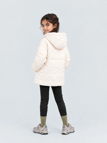 Ivory Cat Glitter Quilted Hooded Winter Jacket with Mittens for Kids