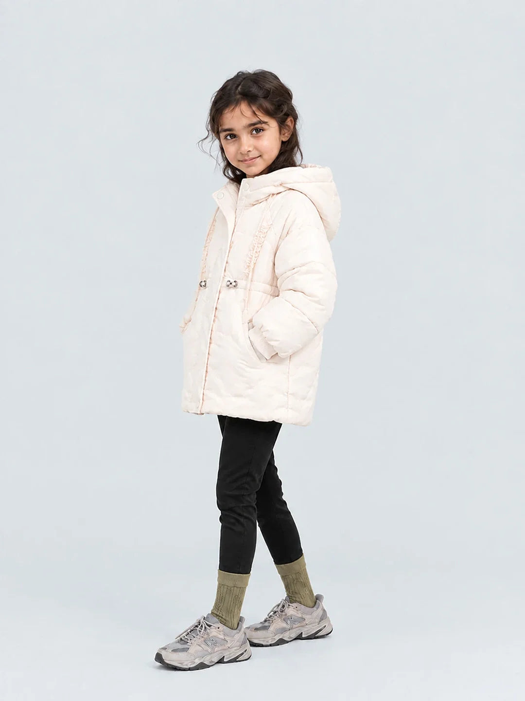 Ivory Cat Glitter Quilted Hooded Winter Jacket with Mittens for Kids