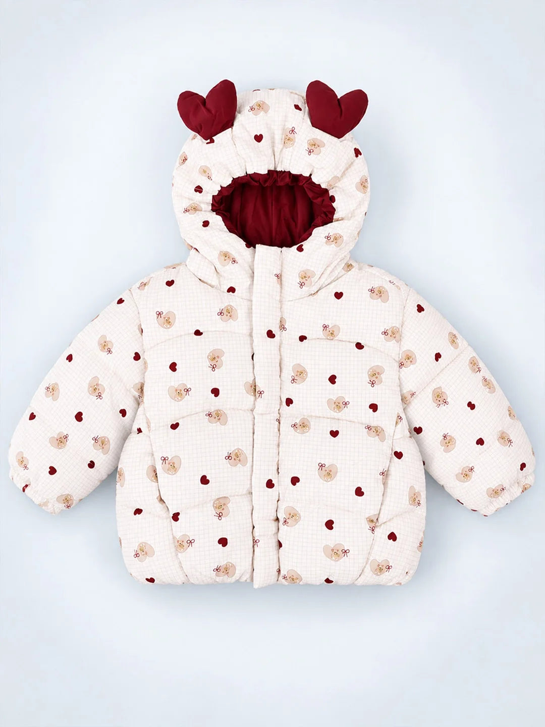 Cream & Maroon Heart Teddy Quilted Hooded Winter Jacket for Kids