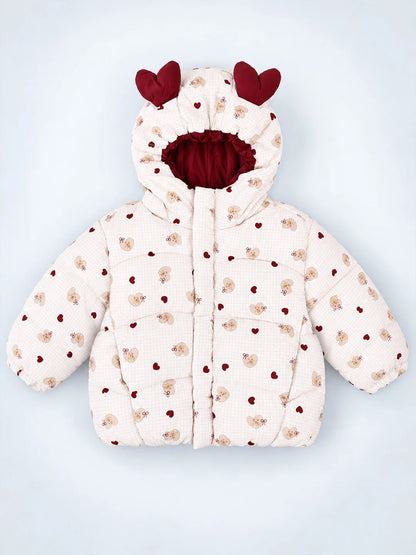 Cream & Maroon Heart Teddy Quilted Hooded Winter Jacket for Kids