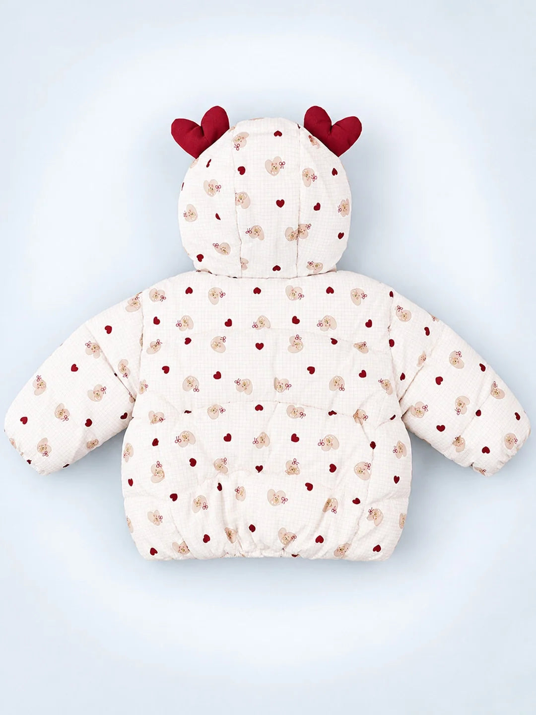 Cream & Maroon Heart Teddy Quilted Hooded Winter Jacket for Kids
