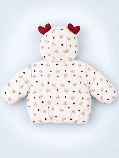 Cream & Maroon Heart Teddy Quilted Hooded Winter Jacket for Kids
