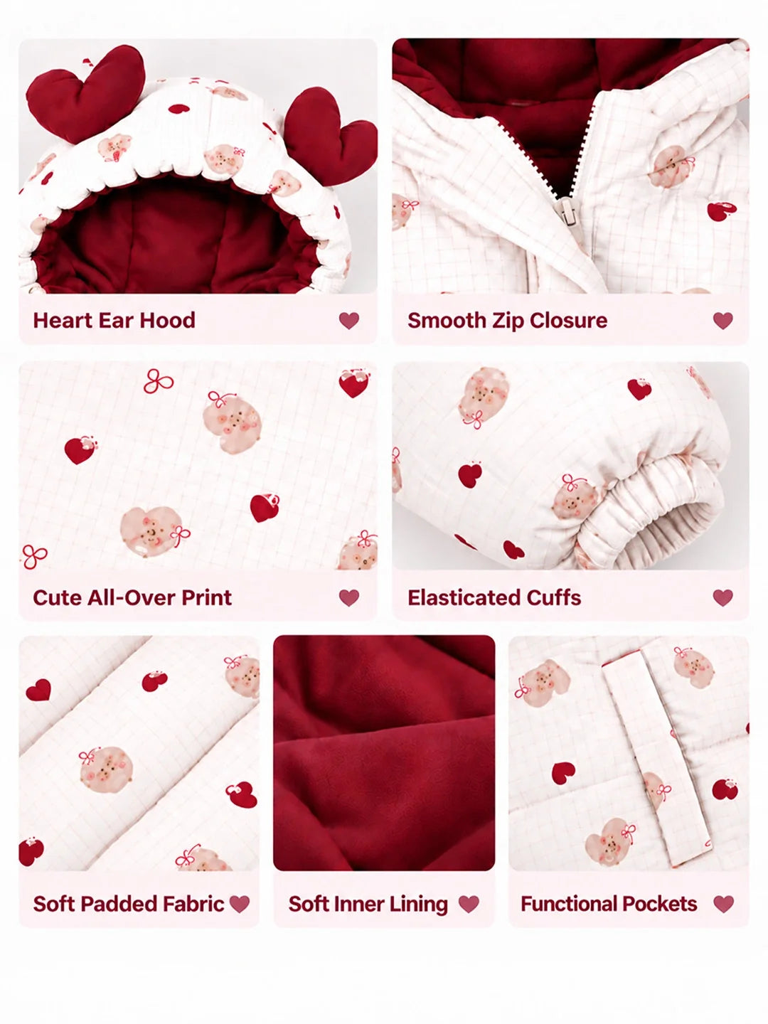Cream & Maroon Heart Teddy Quilted Hooded Winter Jacket for Kids