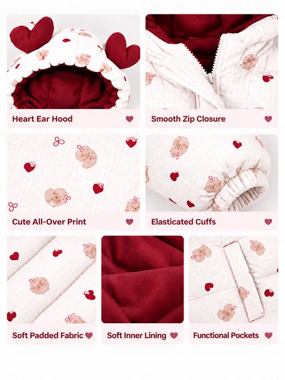 Cream & Maroon Heart Teddy Quilted Hooded Winter Jacket for Kids