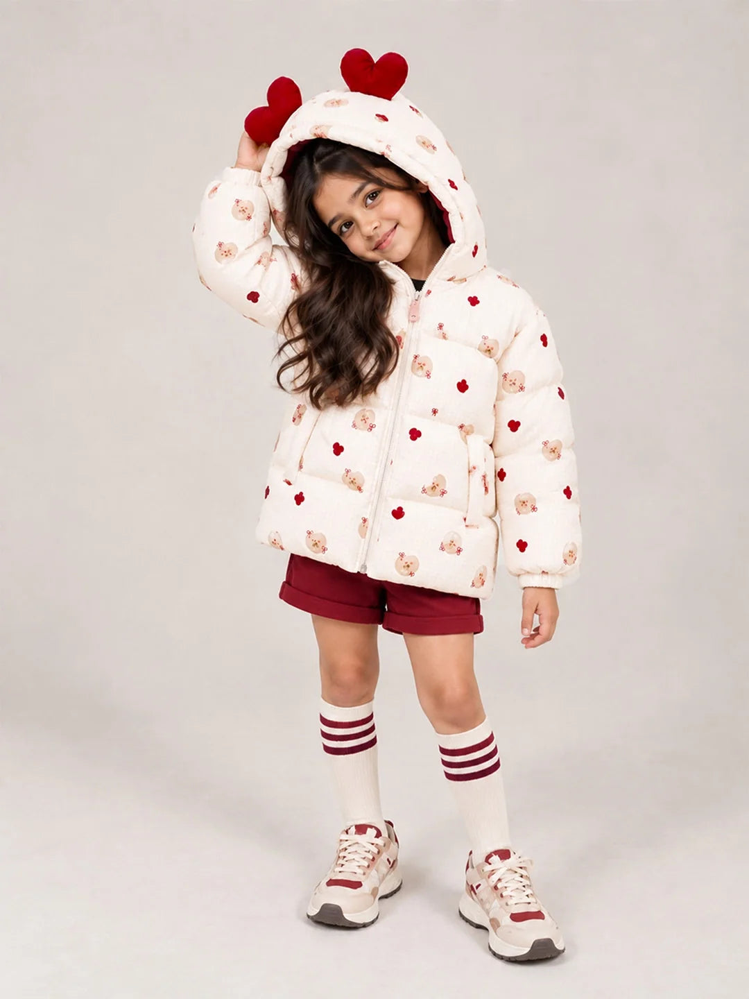 Cream & Maroon Heart Teddy Quilted Hooded Winter Jacket for Kids