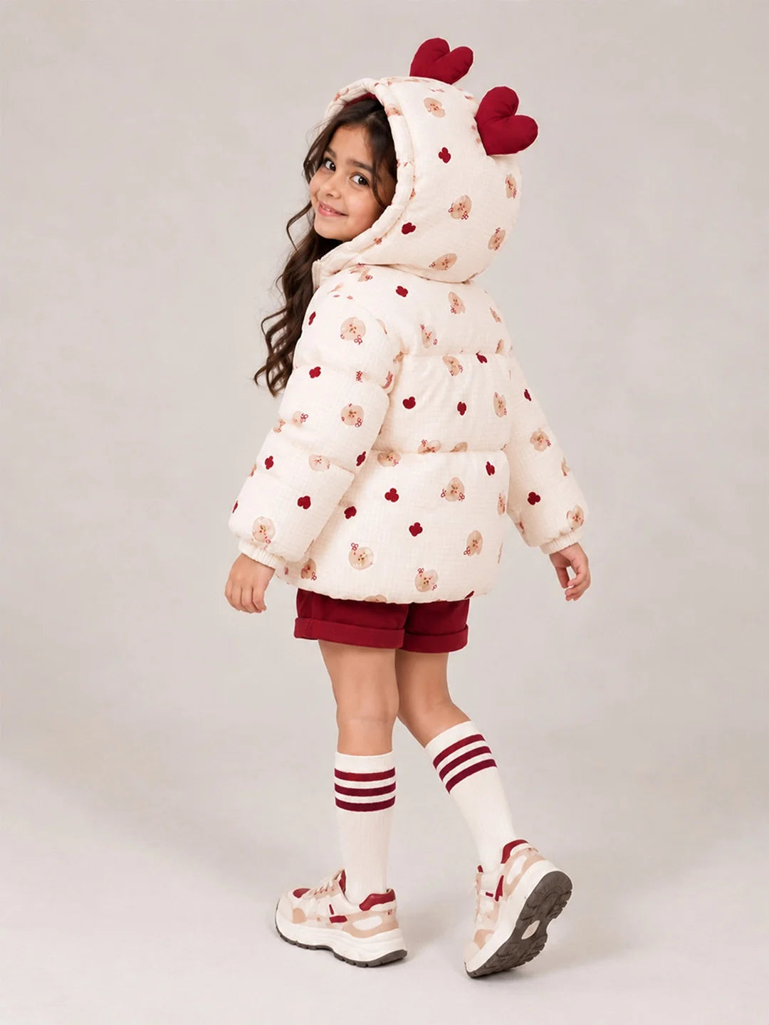 Cream & Maroon Heart Teddy Quilted Hooded Winter Jacket for Kids
