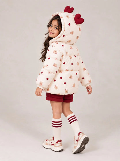Cream & Maroon Heart Teddy Quilted Hooded Winter Jacket for Kids