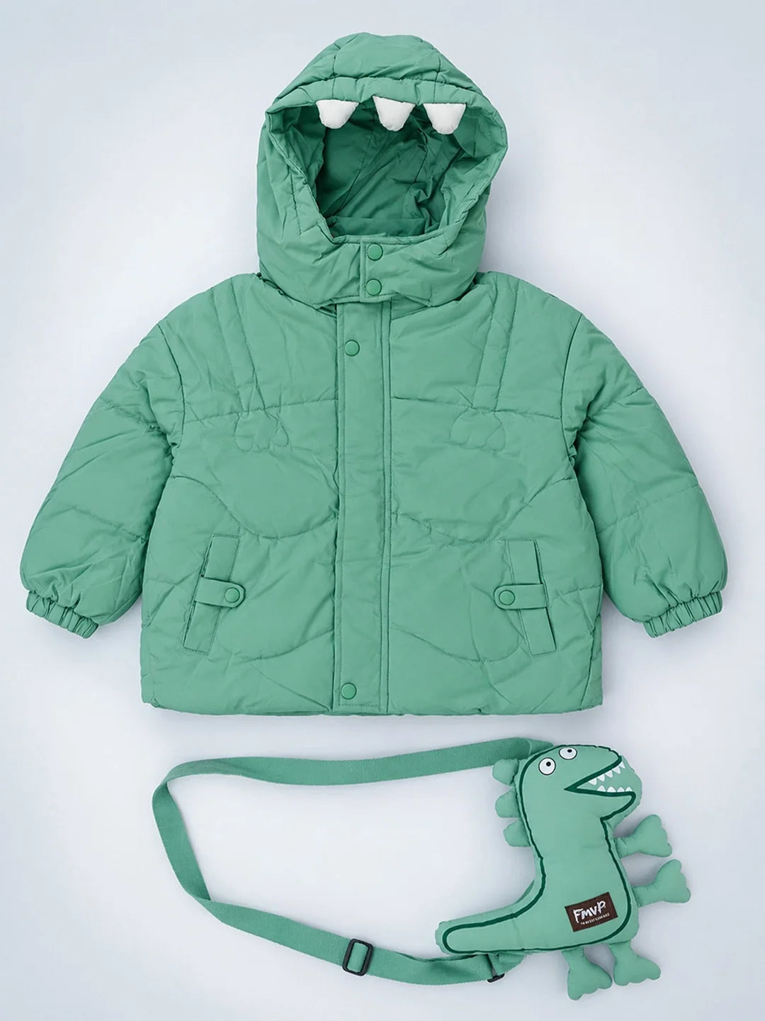 Mint Green Dino-Themed Quilted Hooded Winter Jacket for Kids