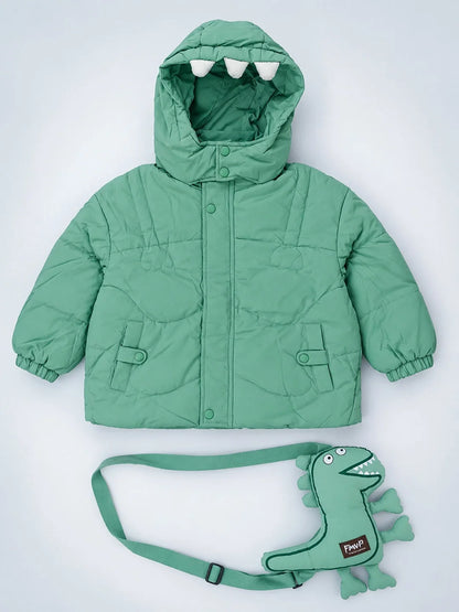 Mint Green Dino-Themed Quilted Hooded Winter Jacket for Kids