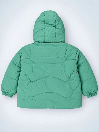 Mint Green Dino-Themed Quilted Hooded Winter Jacket for Kids