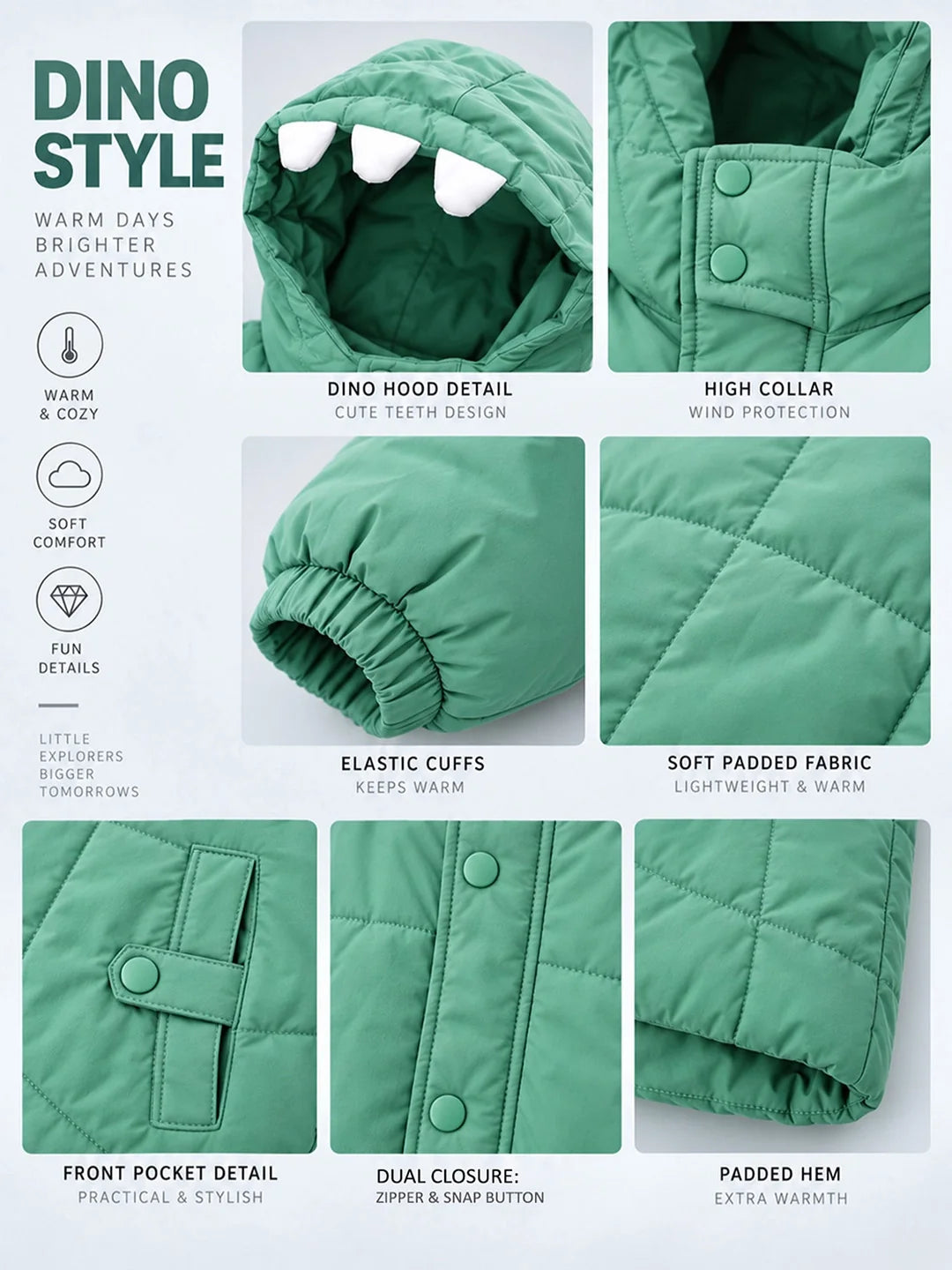 Mint Green Dino-Themed Quilted Hooded Winter Jacket for Kids