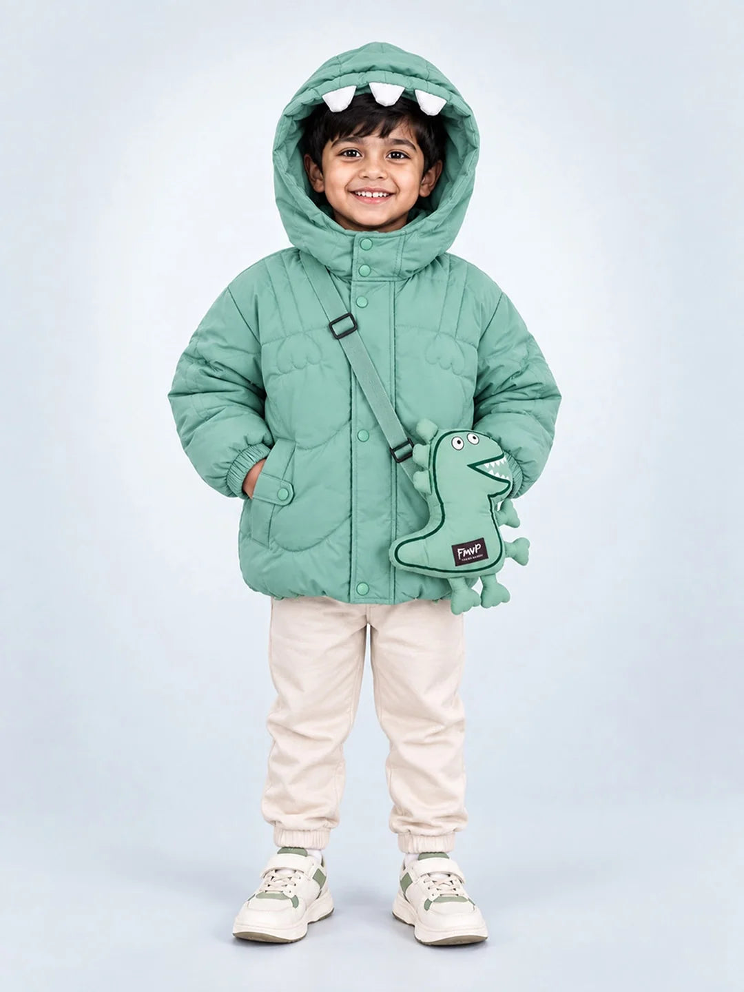 Mint Green Dino-Themed Quilted Hooded Winter Jacket for Kids