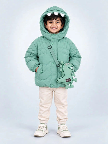Mint Green Dino-Themed Quilted Hooded Winter Jacket for Kids