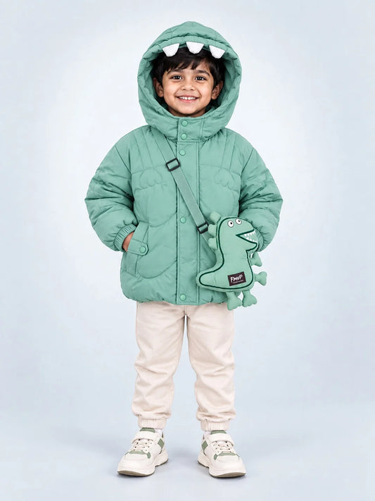 Mint Green Dino-Themed Quilted Hooded Winter Jacket for Kids