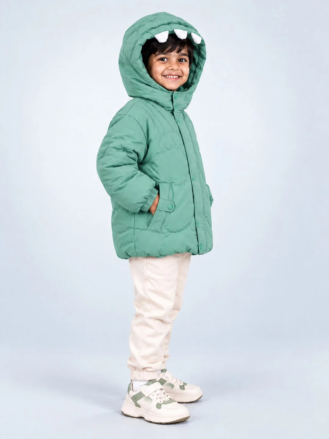 Mint Green Dino-Themed Quilted Hooded Winter Jacket for Kids