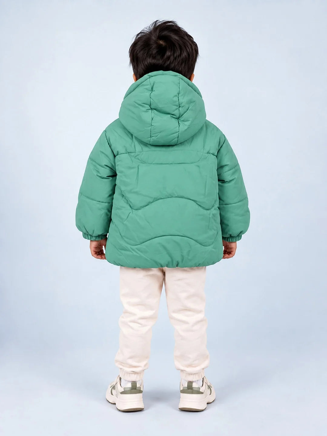 Mint Green Dino-Themed Quilted Hooded Winter Jacket for Kids