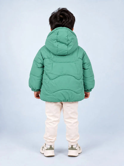 Mint Green Dino-Themed Quilted Hooded Winter Jacket for Kids
