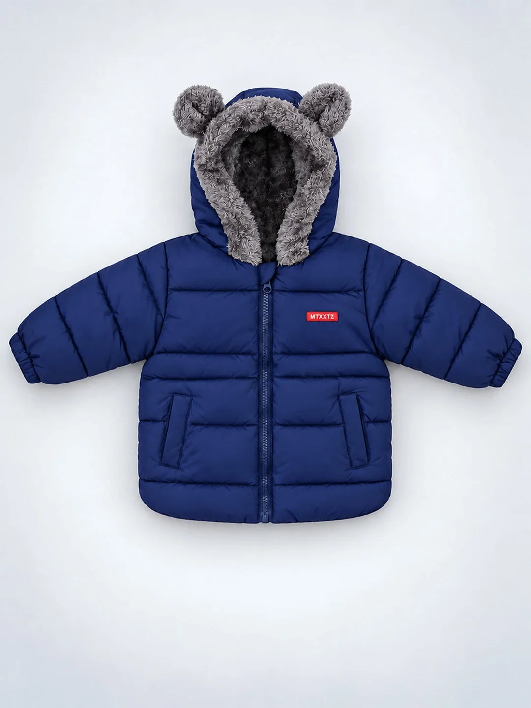 Navy Blue Bear-Ear Faux-Fur Hooded Quilted Winter Jacket for Kids