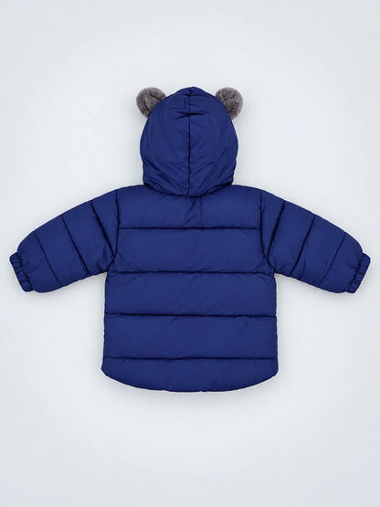 Navy Blue Bear-Ear Faux-Fur Hooded Quilted Winter Jacket for Kids