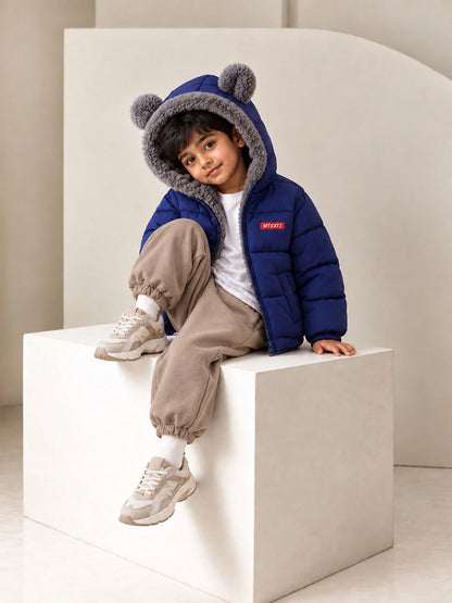 Navy Blue Bear-Ear Faux-Fur Hooded Quilted Winter Jacket for Kids