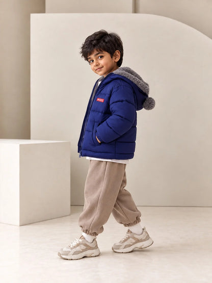 Navy Blue Bear-Ear Faux-Fur Hooded Quilted Winter Jacket for Kids