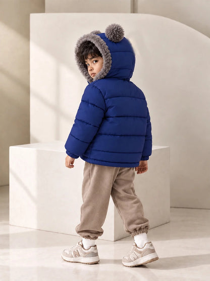 Navy Blue Bear-Ear Faux-Fur Hooded Quilted Winter Jacket for Kids