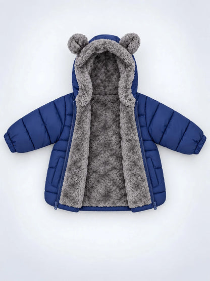 Navy Blue Bear-Ear Faux-Fur Hooded Quilted Winter Jacket for Kids