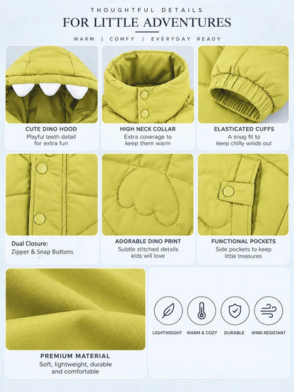 Olive Green Dino-Themed Quilted Hooded Winter Jacket for Kids