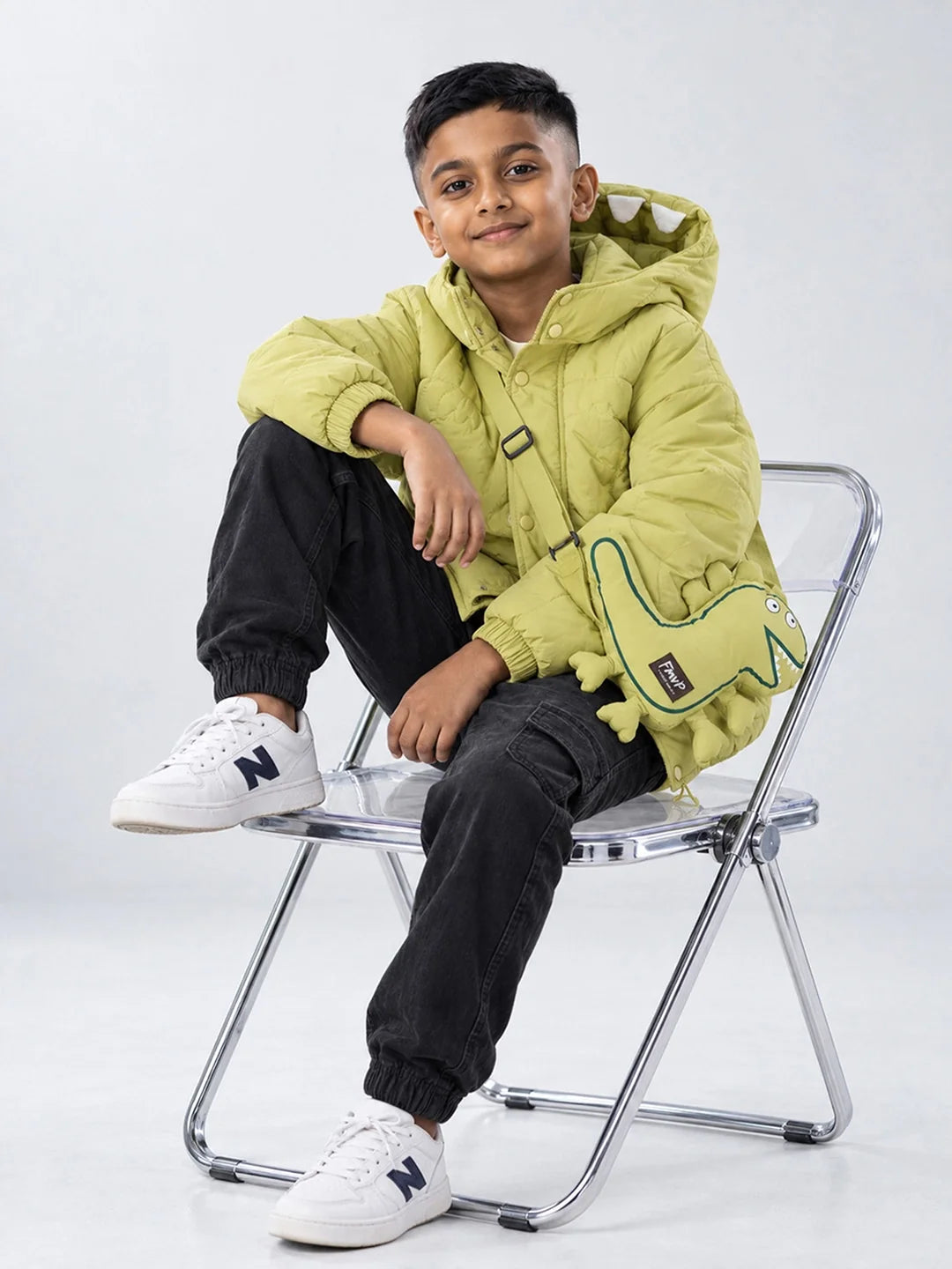 Olive Green Dino-Themed Quilted Hooded Winter Jacket for Kids
