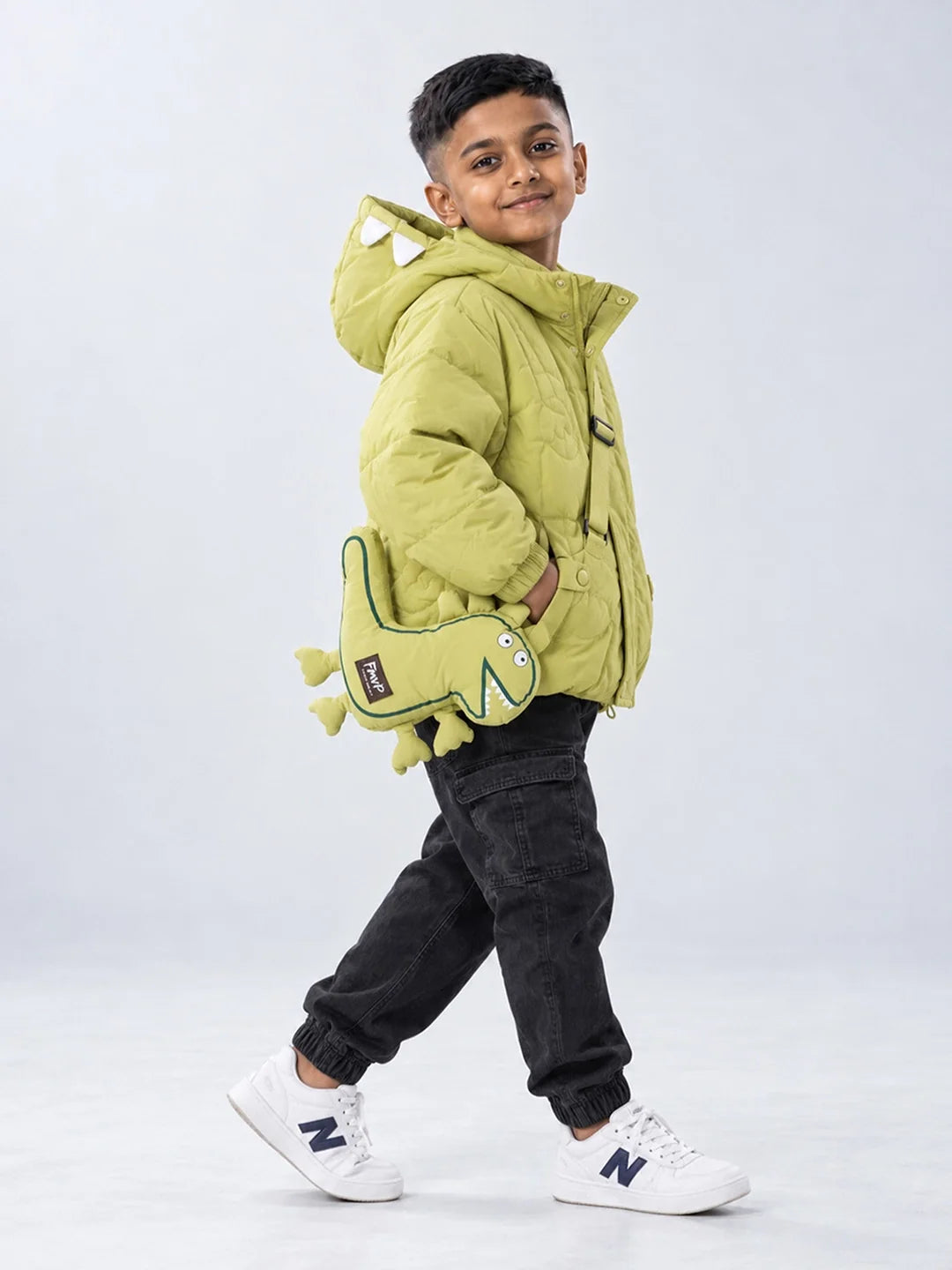 Olive Green Dino-Themed Quilted Hooded Winter Jacket for Kids