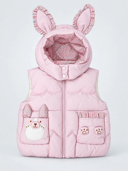 Peach Bunny-Themed Quilted Hooded Sleeveless Winter Jacket for Kids