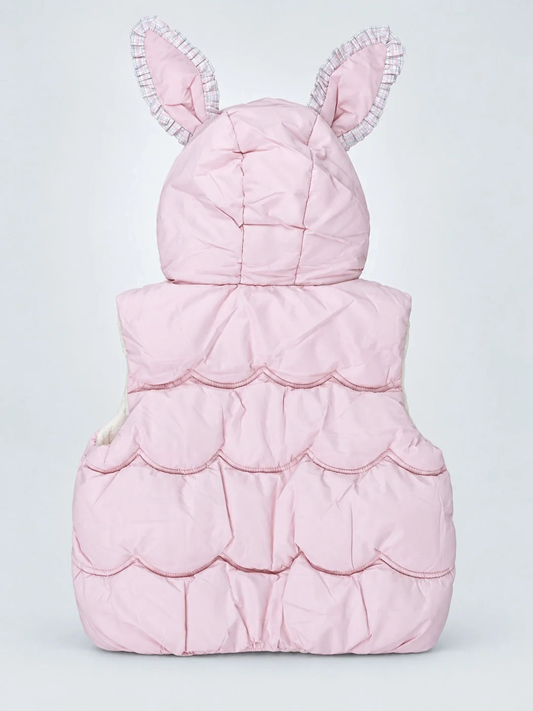 Peach Bunny-Themed Quilted Hooded Sleeveless Winter Jacket for Kids