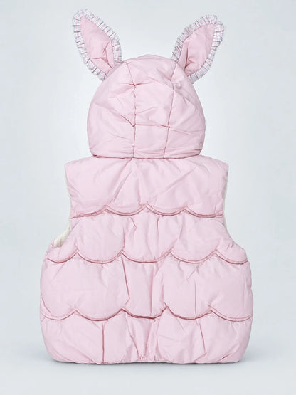 Peach Bunny-Themed Quilted Hooded Sleeveless Winter Jacket for Kids