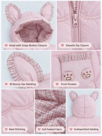Peach Bunny-Themed Quilted Hooded Sleeveless Winter Jacket for Kids