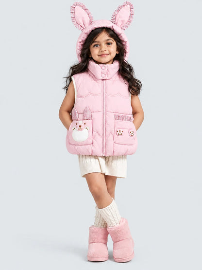 Peach Bunny-Themed Quilted Hooded Sleeveless Winter Jacket for Kids