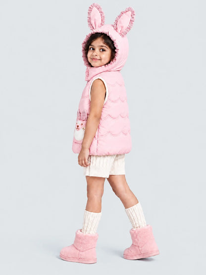 Peach Bunny-Themed Quilted Hooded Sleeveless Winter Jacket for Kids