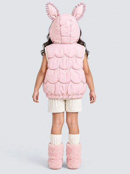 Peach Bunny-Themed Quilted Hooded Sleeveless Winter Jacket for Kids