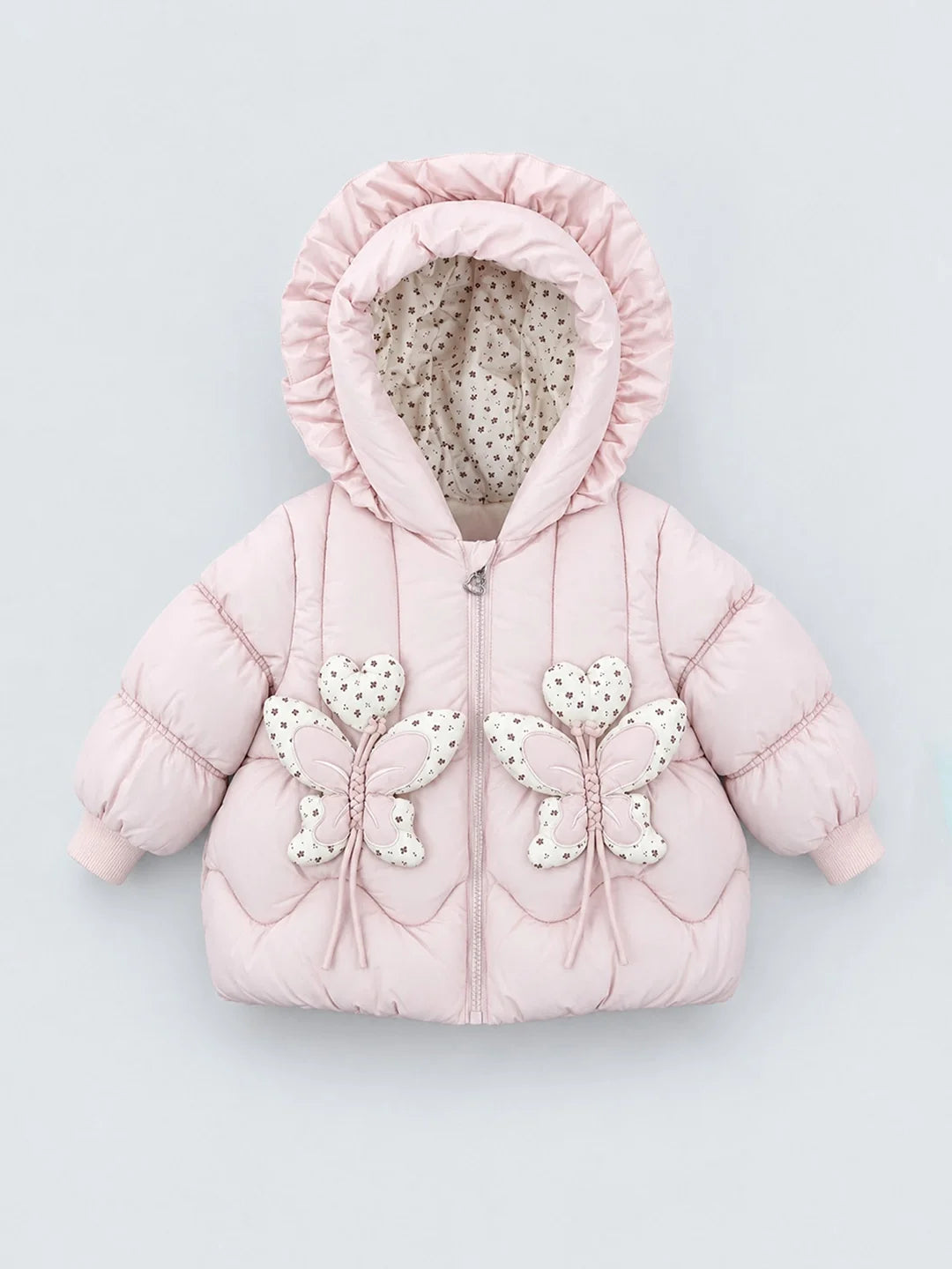 Peach Butterfly Heart Quilted Hooded Winter Jacket for Kids
